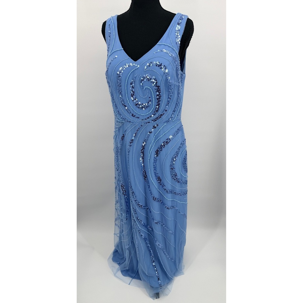 Gown Maxi Dress Women Size M Blue Good Beaded Sequin V-Neck Formal Floor Length